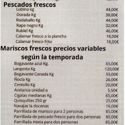 Carta Pescados y Mariscos "La Entrelluxa"