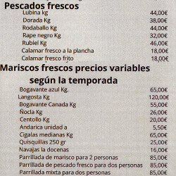 Carta Pescados y Mariscos "La Entrelluxa"