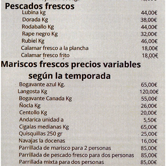Carta Pescados y Mariscos "La Entrelluxa"