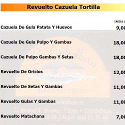 Carta Revueltos,Cazuelas , Tortillas y Ensaladas "La Entrelluxa"