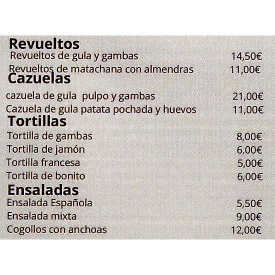Carta Revueltos,Cazuelas , Tortillas y Ensaladas "La Entrelluxa"